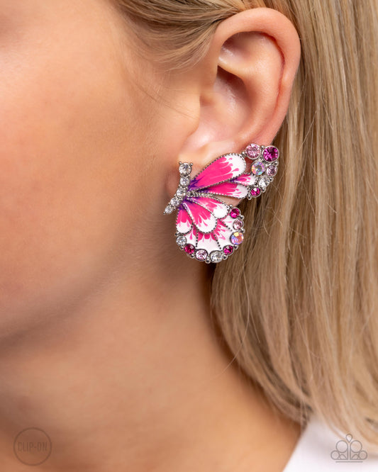 Decadent Descent Pink Butterfly Clip-On Earring - Paparazzi Accessories