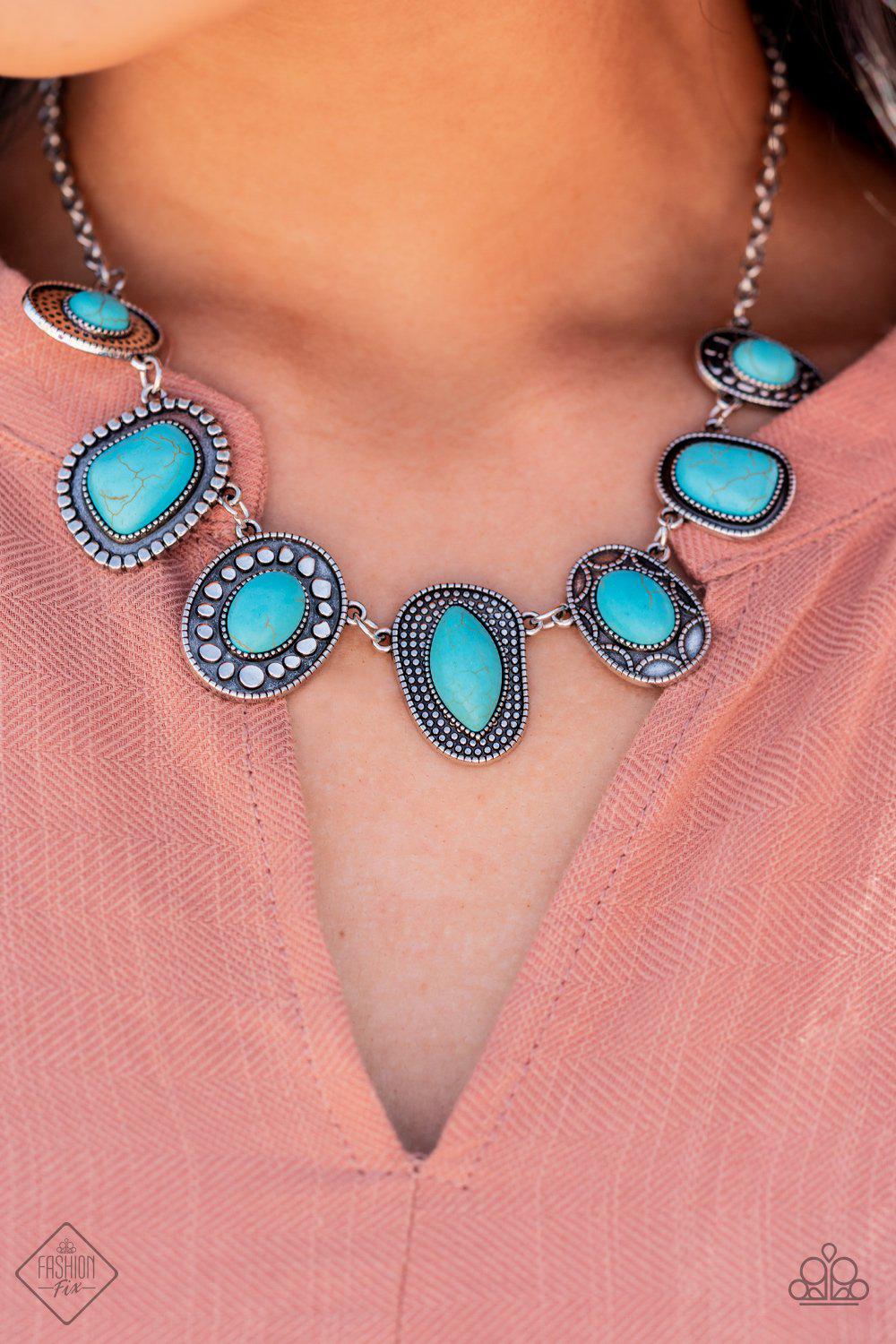 Necklace: "Albuquerque Artisan" (P2SE-BLXX-497EF)- An earthy collection of irregular-shaped turquoise stones are each pressed into distinctive antiqued silver frames. Each frame showcases a unique pattern of studded and dotted texture resulting in an exclusive artisanal vibe. Features an adjustable clasp closure.  Sold as one individual necklace. Includes one pair of matching earrings.