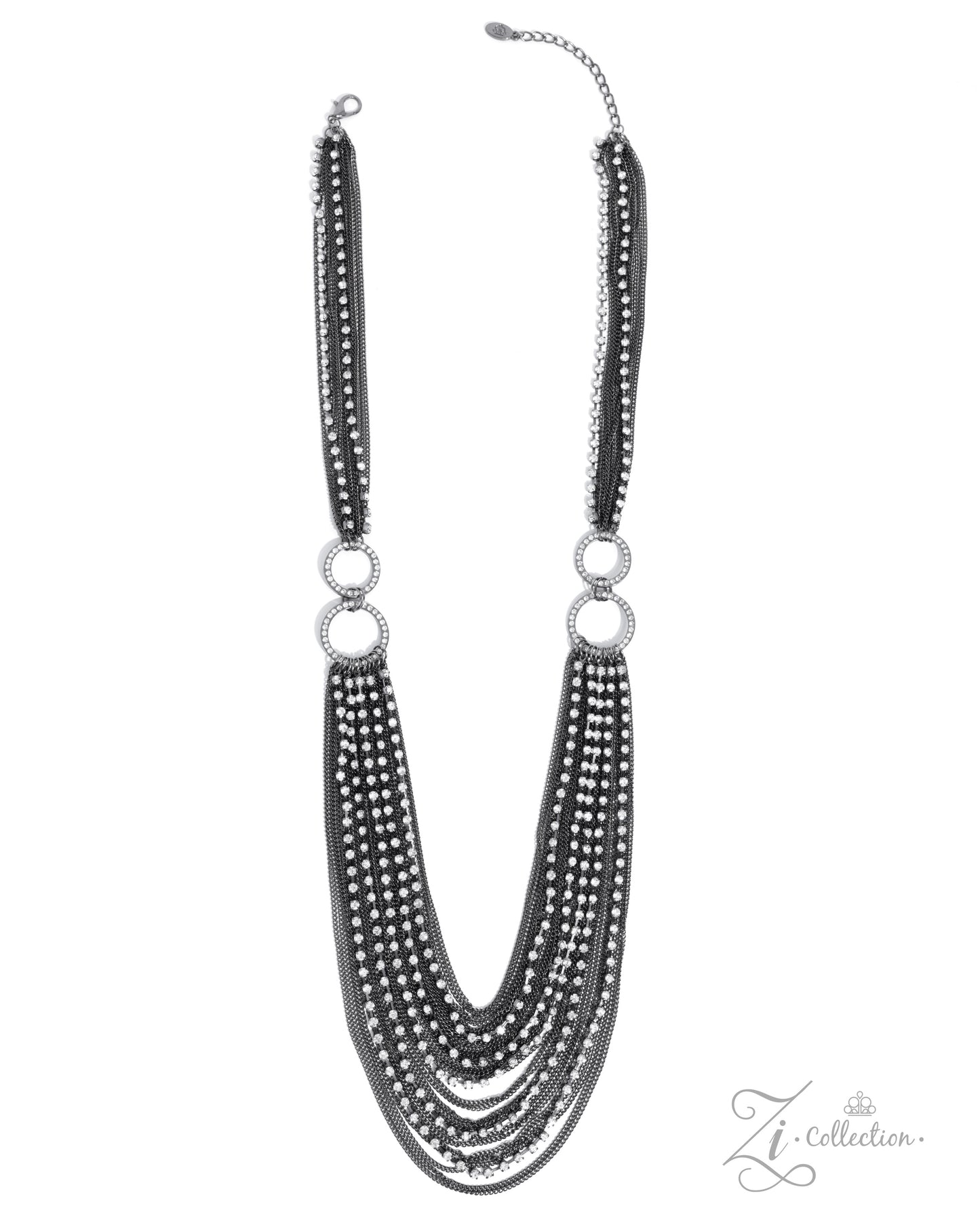 The Janet Gunmetal 2024 Zi Necklace - Paparazzi Accessories  Item #Z2405  An entrancing collection of white rhinestones in square gunmetal fittings and strands of gunmetal classic chains delicately connect into grungy strands that dauntlessly drape across the chest. Interrupted by stacked white rhinestone-embellished gunmetal hoops, the swooping layers broaden in dimension and shimmer as they extend below the chest, swaying with every movement, creating an audaciously audible shimmer. Features an adjustable