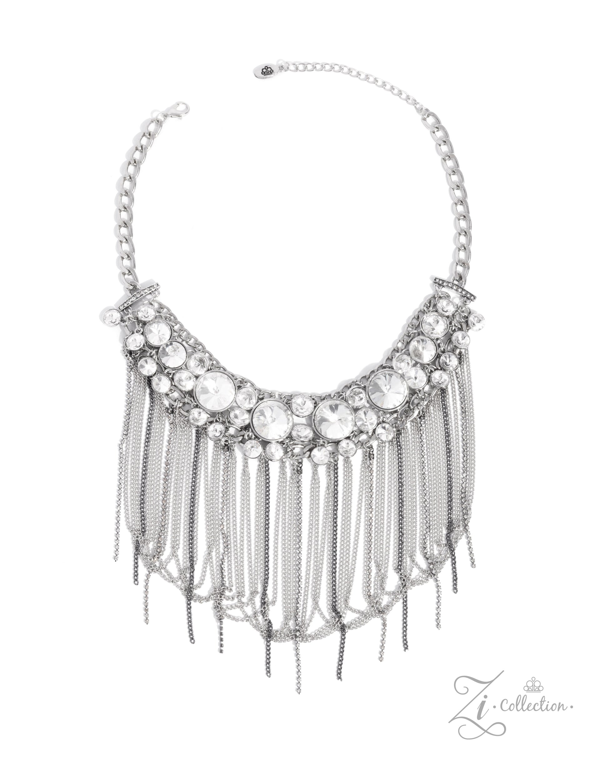 The Jennifer White Rhinestone 2024 Zi Necklace - Paparazzi Accessories  Item #Z2406  Anchored between white rhinestone-embellished horizontal fittings, rows of glittery, white gems in varying sizes adorn the neckline between two silver curb chain strands, creating dazzling dimension and eye-catching elegance. Free-falling silver and gunmetal chains drape and collect below the extravagant row, creating a dramatic, sassy fringe for a show-stopping finish. Features an adjustable clasp closure.  Sold as one ind