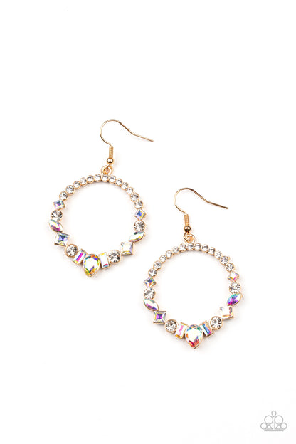 ﻿Revolutionary Refinement Gold Earring - Paparazzi Accessories  The bottom of a white rhinestone encrusted gold hoop is dotted in an intermix of classic white rhinestones and marquise and square cut iridescent gems, resulting in a stellar hoop. Earring attaches to a standard fishhook fitting.  Sold as one pair of earrings.