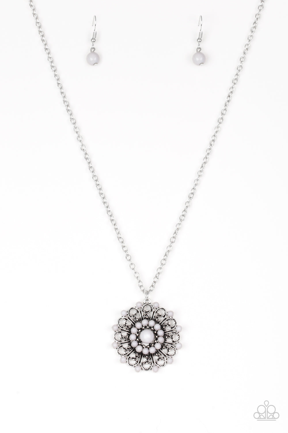 Boho Bonanza - Silver Item #P2WH-SVXX-242XX Neutral gray beads are sprinkled along ornate silver petals, creating a colorful floral frame. The whimsical pendant swings from the bottom of a lengthened silver chain for a seasonal look. Features an adjustable clasp closure.  Sold as one individual necklace. Includes one pair of matching earrings.