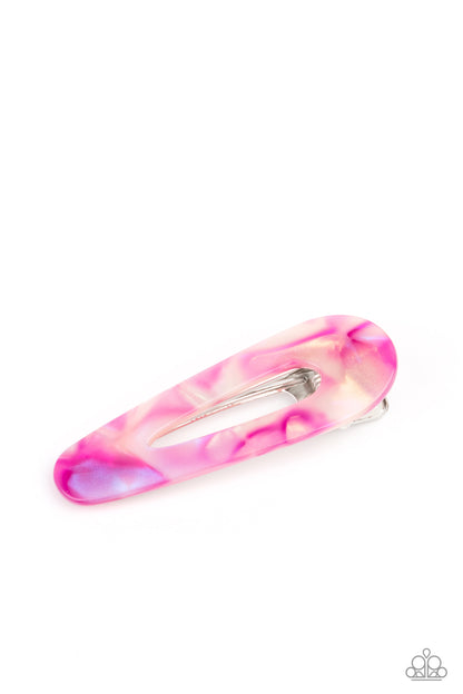 Walking on HAIR Pink Hair Clip - Paparazzi Accessories. Featuring a shell-like iridescence, a pink frame pulls back the hair for a colorful retro look. Features a standard hair clip on the back.  All Paparazzi Accessories are lead free and nickel free!  Sold as one pair of hair clips.