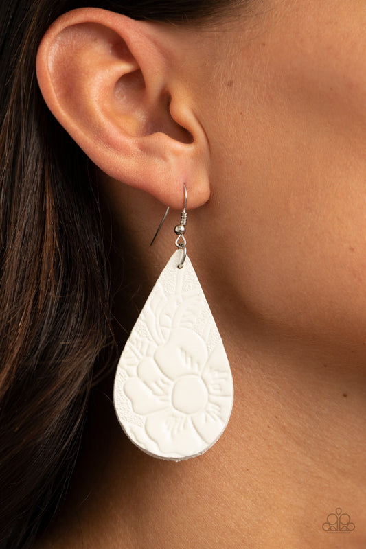 Beach Garden White Leather Earring - Paparazzi Accessories