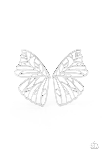 Butterfly Frills Silver Earring - Paparazzi Accessories  Shimmery silver bars delicately climb scalloped silver frames, coalescing into a whimsical butterfly wing. Earring attaches to a standard post fitting.  All Paparazzi Accessories are lead free and nickel free!  Sold as one pair of double-sided post earrings.