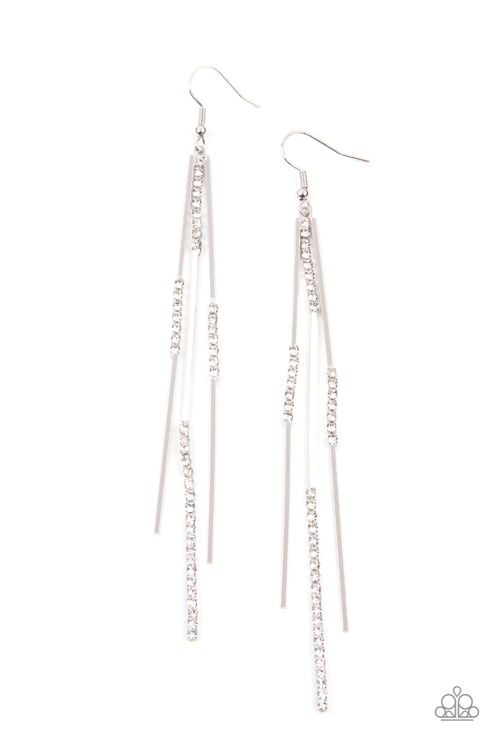 Dainty Dynamism White Earring - Paparazzi Accessories  Sections of glassy white rhinestones attach to dainty silver rectangular rods, creating a statement-making tassel. Earring attaches to a standard fishhook fitting.  ﻿All Paparazzi Accessories are lead free and nickel free!  Sold as one pair of earrings.