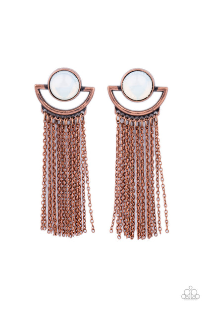 Opal Oracle Copper Earring - Paparazzi Accessories  A curtain of dainty copper chains stream from the bottom of a rustic crescent shaped copper frame that is dotted in a dewy opal bead for a mystical finish. Earring attaches to a standard post fitting.  All Paparazzi Accessories are lead free and nickel free!  Sold as one pair of post earrings.