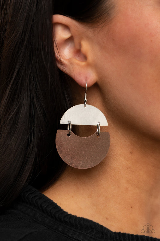 Watching The Sunrise Copper Earring - Paparazzi Accessories  An antiqued copper frame links to a shiny silver crescent, creating a rustic lure. Earring attaches to a standard fishhook fitting.  ﻿All Paparazzi Accessories are lead free and nickel free!  Sold as one pair of earrings.