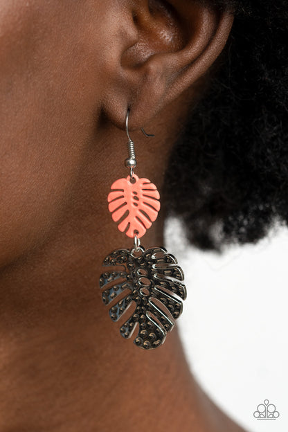 Palm Tree Cabana Orange Earring - Paparazzi Accessories  A coral palm leaf attaches to a hammered silver palm leaf, creating a colorful island inspired frame. Earring attaches to a standard fishhook fitting.  All Paparazzi Accessories are lead free and nickel free!  Sold as one pair of earrings.