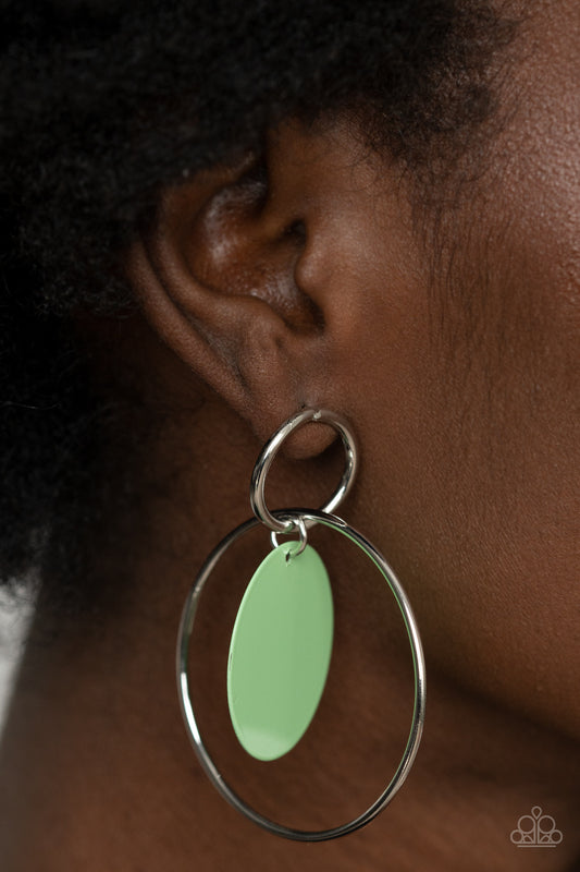 POP, Look, and Listen Green Earring - Paparazzi Accessories  A minty Green Ash disc swings from two interlocking silver hoops, creating a flirtatious pop of color. Earring attaches to a standard post fitting.  All Paparazzi Accessories are lead free and nickel free!  Sold as one pair of post earrings.