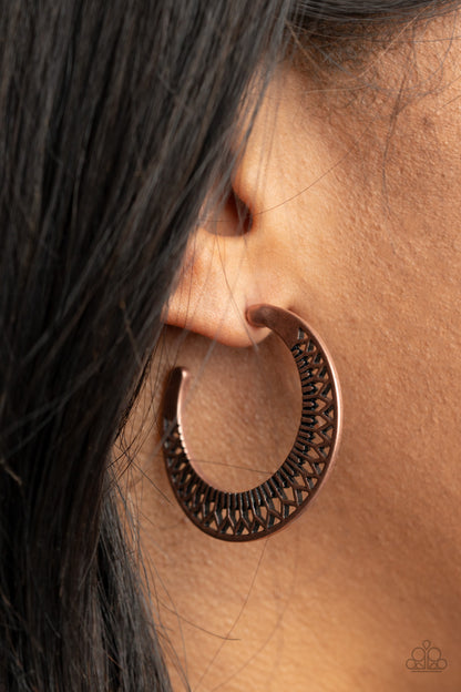 Bada BLOOM! Copper Hoop Earring - Paparazzi Accessories  An antiqued copper hoop is cut out in an airy stenciled pattern, creating geometric petals for a seasonal vibe. Earring attaches to a standard post fitting. Hoop measures approximately 1 1/2" in diameter.  Sold as one pair of hoop earrings.