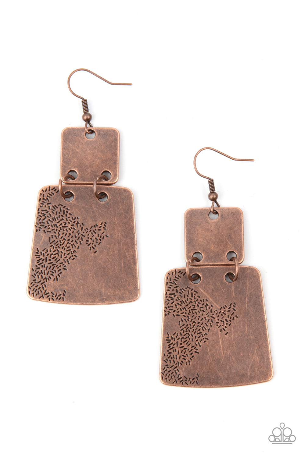 Tagging Along Copper Earring - Paparazzi Accessories.  Stamped in an abstract pattern, a flared copper plate links to the bottom of a square copper frame, creating a rustic lure. Earring attaches to a standard fishhook fitting.  ﻿All Paparazzi Accessories are lead free and nickel free!  Sold as one pair of earrings.