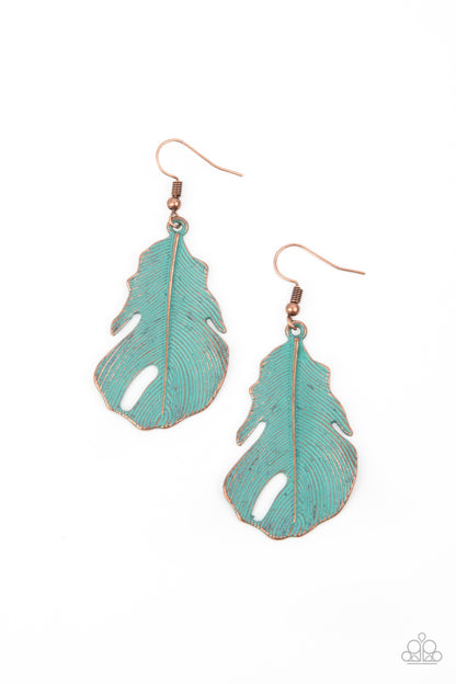 Heads QUILL Roll Copper Earring - Paparazzi Accessories  Brushed in a patina finish, a lifelike copper feather swings from the ear for a free-spirited fashion. Earring attaches to a standard fishhook fitting.  All Paparazzi Accessories are lead free and nickel free!  Sold as one pair of earrings.