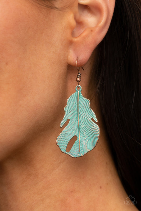 Heads QUILL Roll Copper Earring - Paparazzi Accessories  Brushed in a patina finish, a lifelike copper feather swings from the ear for a free-spirited fashion. Earring attaches to a standard fishhook fitting.  All Paparazzi Accessories are lead free and nickel free!  Sold as one pair of earrings.