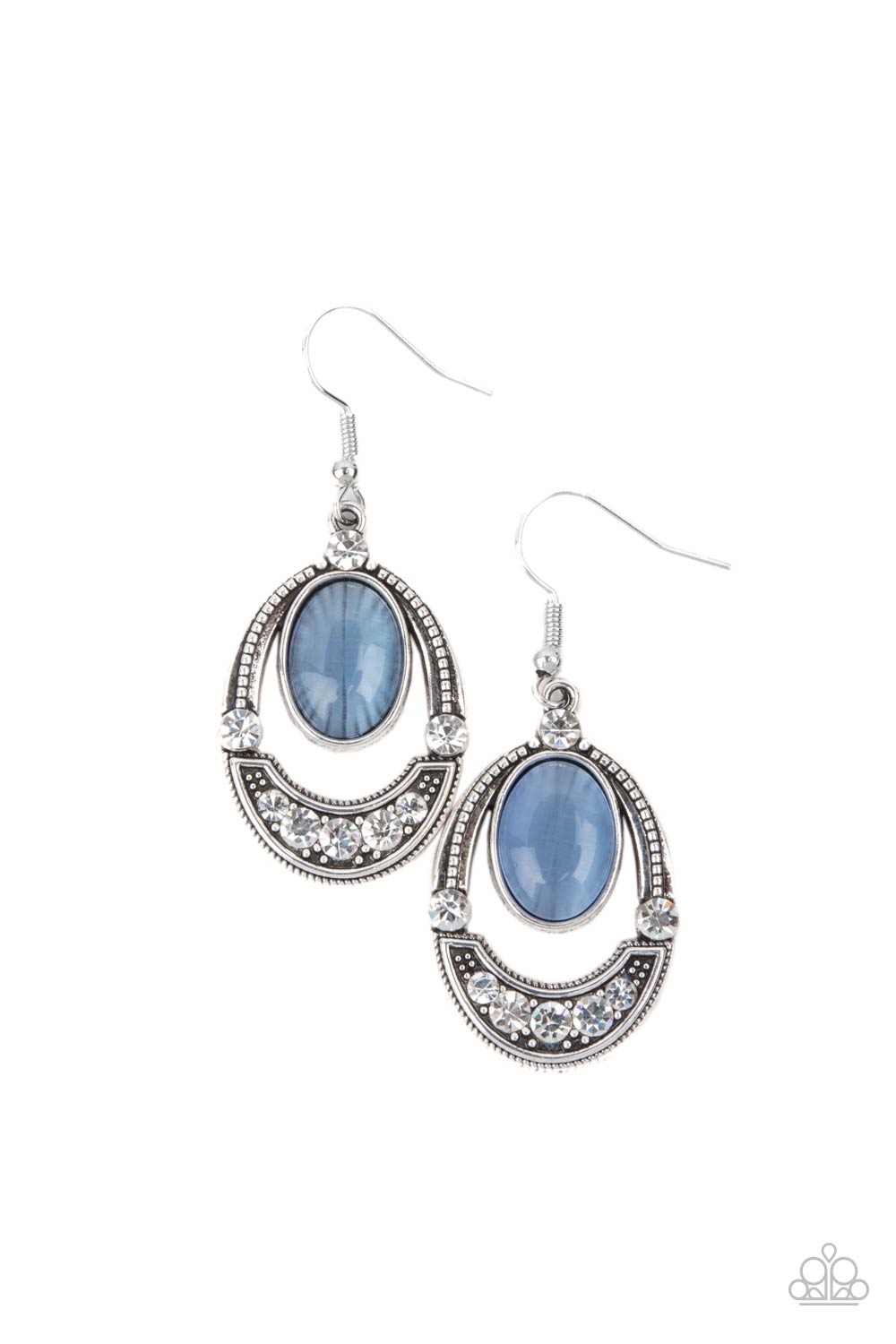 Serene Shimmer Blue Earring - Paparazzi Accessories.  A glowing blue cat's eye stone attaches to the top of a studded silver frame. The bottom of the oval is encrusted in glassy white rhinestones, creating a whimsical display. Earring attaches to a standard fishhook fitting.  ﻿﻿﻿All Paparazzi Accessories are lead free and nickel free!  Sold as one pair of earrings.