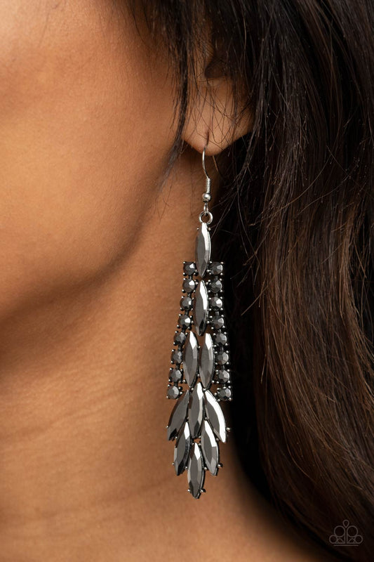 Crown Heiress Silver Earring- Paparazzi Accessories   Smoky hematite marquise cut rhinestones cascade from the center of a silver frame bordered in ribbons of dainty hematite rhinestones, creating a glamorous chandelier. Earring attaches to a standard fishhook fitting.  All Paparazzi Accessories are lead free and nickel free!  Sold as one pair of earrings.