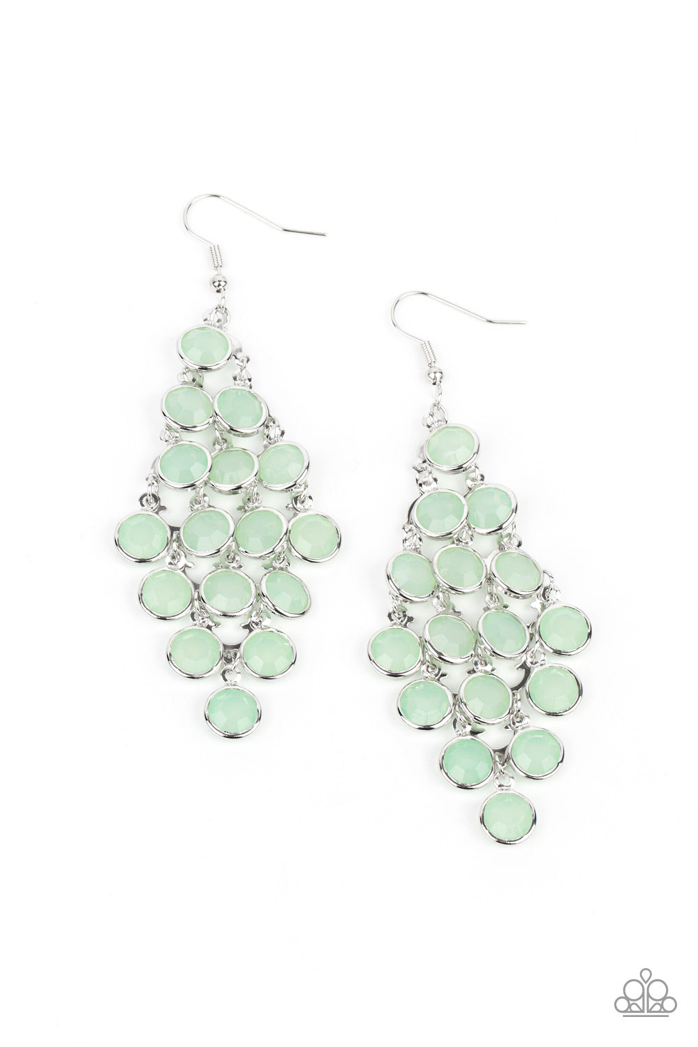 With All DEW Respect Green Earring - Paparazzi Accessories  Encased in sleek silver fittings, a crystal-like collection of Green Ash gems trickle from a silver netted backdrop, creating a dewy display. Earring attaches to a standard fishhook fitting.  All Paparazzi Accessories are lead free and nickel free!  Sold as one pair of earrings.