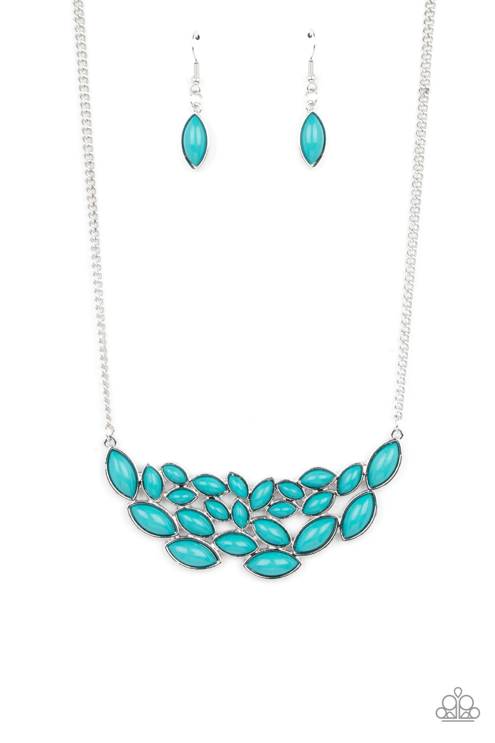 Eden Escape Blue Necklace - Paparazzi Accessories   Encased in sleek silver frames, a collection of marquise shaped blue beads delicately coalesce into a leafy pendant below the collar for a whimsical pop of color. Features an adjustable clasp closure.  ﻿All Paparazzi Accessories are lead free and nickel free!  Sold as one individual necklace. Includes one pair of matching earrings.
