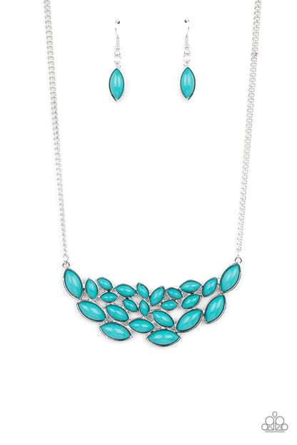 Eden Escape Blue Necklace - Paparazzi Accessories   Encased in sleek silver frames, a collection of marquise shaped blue beads delicately coalesce into a leafy pendant below the collar for a whimsical pop of color. Features an adjustable clasp closure.  ﻿All Paparazzi Accessories are lead free and nickel free!  Sold as one individual necklace. Includes one pair of matching earrings.