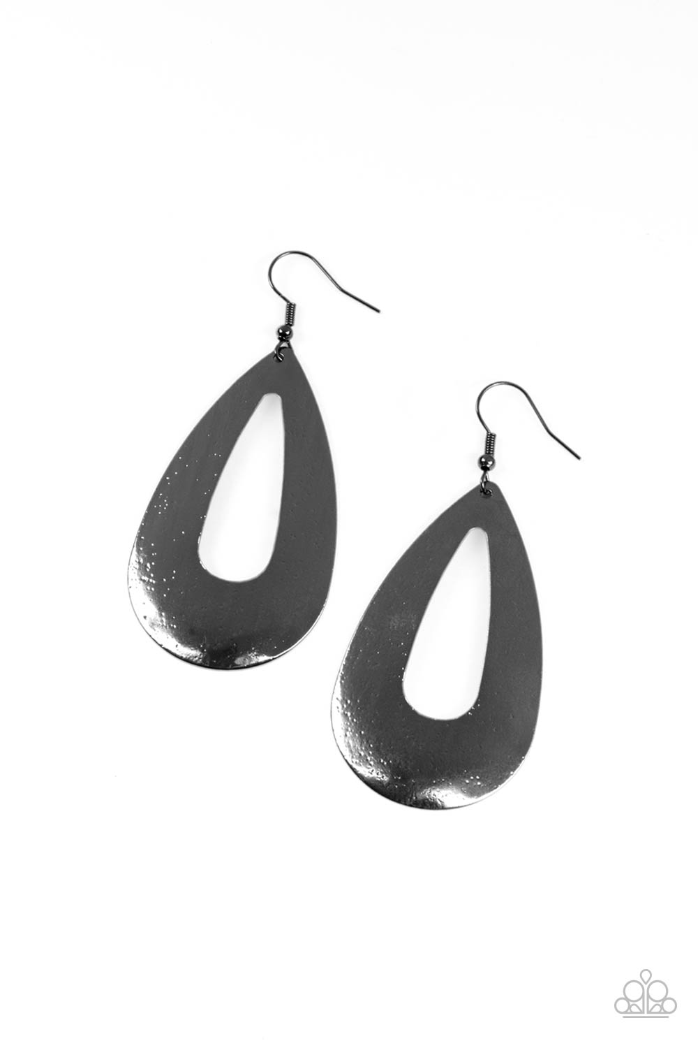 Hand It OVAL! Black Earring - Paparazzi Accessories  Delicately hammered in endless gunmetal shimmer, a flat glistening oval silhouette swings from the ear for a beautiful basic look. Earring attaches to a standard fishhook fitting.  ﻿All Paparazzi Accessories are lead free and nickel free!  Sold as one pair of earrings.