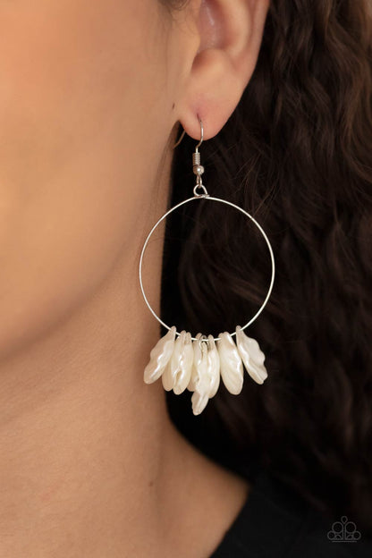 Sailboats and Seashells White Earring - Paparazzi Accessories. Pearly shell-like beads are threaded along a dainty silver wire, creating a flirtatious beach inspired fringe. Earring attaches to a standard fishhook fitting.  All Paparazzi Accessories are lead free and nickel free!  Sold as one pair of earrings.