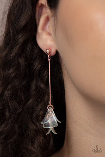 Keep Them In Suspense Copper Post Earring - Paparazzi Accessories  Iridescent acrylic petals delicately cluster at the bottom of a shiny copper chain, creating an ethereal tassel. Earring attaches to a standard post fitting.  All Paparazzi Accessories are lead free and nickel free!  Sold as one pair of post earrings.