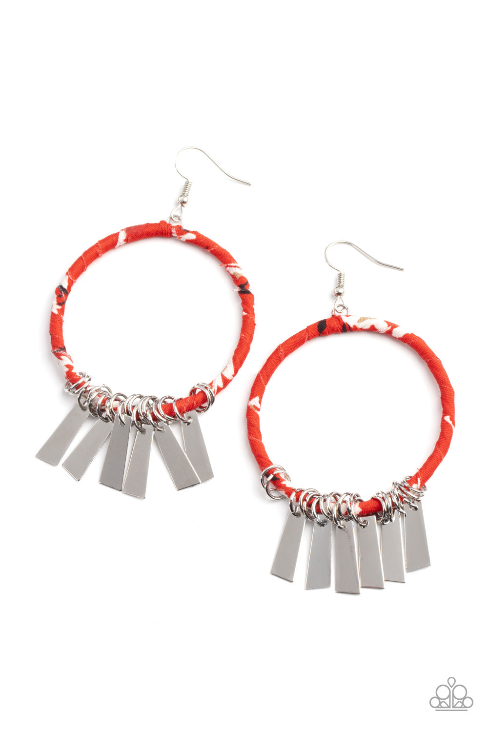 Garden Chimes Red Earring - Paparazzi Accessories  Flared rectangular silver plates swing from the bottom of a hoop wrapped in red, black, and white floral fabric, creating a whimsical fringe. Earring attaches to a standard fishhook fitting.  ﻿All Paparazzi Accessories are lead free and nickel free!  Sold as one pair of earrings.