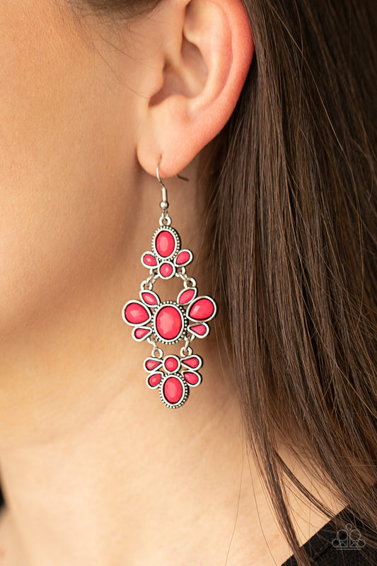 VACAY The Premises Pink Earring - Paparazzi Accessories  Featuring round, marquise, and teardrop shapes, a faceted collection of vivacious pink beads connect into three ornate frames that link into a single lure for a flirtatious effect. Earring attaches to a standard fishhook fitting.  Sold as one pair of earrings.