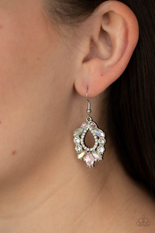 New Age Noble Multi Earring - Paparazzi Accessories  Featuring regal marquise and classic round cuts, a glittery collection of pink, white, and iridescent rhinestones coalesce into a jaw-dropping teardrop frame. Earring attaches to a standard fishhook fitting.  All Paparazzi Accessories are lead free and nickel free!  Sold as one pair of earrings.