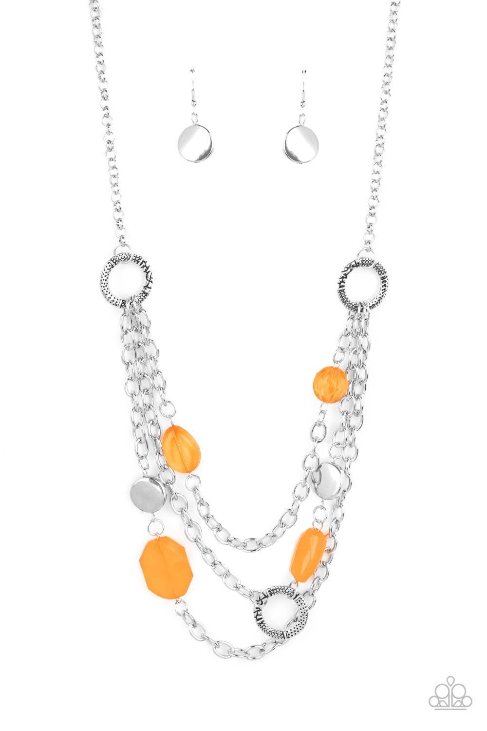 Oceanside Spa Orange Necklace - Paparazzi Accessories.  Varying in shape and opacity, glassy Marigold crystal-like beads, asymmetrical silver discs, and textured silver rings haphazardly adorn three silver chains below the collar for a whimsical pop of color. Features an adjustable clasp closure.  ﻿﻿﻿All Paparazzi Accessories are lead free and nickel free!  Sold as one individual necklace. Includes one pair of matching earrings.