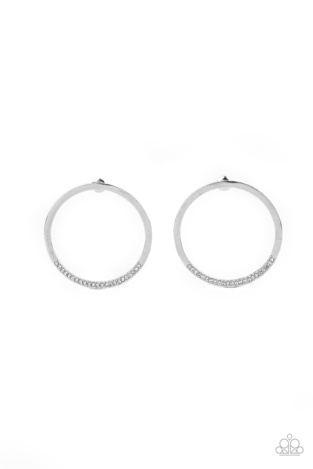 Spot On Opulence White Post Earring - Paparazzi Accessories As if dipped in glitter, the bottom of a flat silver hoop is encrusted in dainty white rhinestones for a classic shimmer. Earring attaches to a standard post fitting.  All Paparazzi Accessories are lead free and nickel free!  Sold as one pair of post earrings.