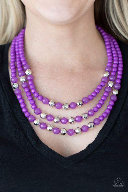 STAYCATION All I Ever Wanted Purple Necklace- Paparazzi Accessories   A colorful collection of polished Amethyst Orchid beads, faceted silver beads, and opaque Amethyst Orchid beads are threaded along invisible wires across the chest, creating vivacious layers. Features an adjustable clasp closure.  All Paparazzi Accessories are lead free and nickel free!  Sold as one individual necklace. Includes one pair of matching earrings.