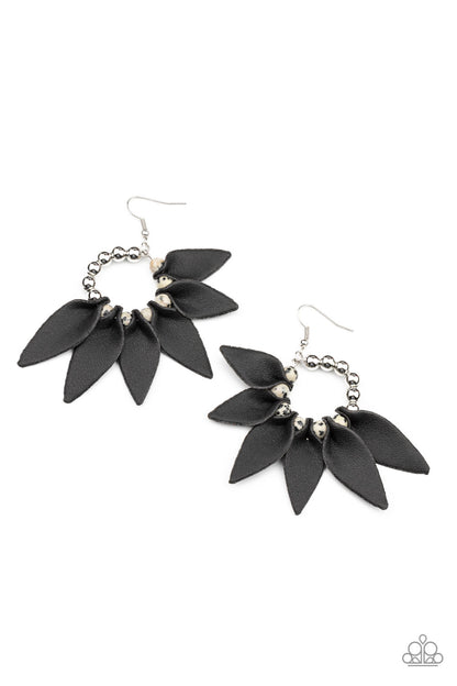 Flower Child Fever Black Earring - Paparazzi Accessories  Infused with a row of shiny silver beads, black leather petals are separated by black dotted white stones along a dainty silver hoop, creating a wild fringe. Earring attaches to a standard fishhook fitting.  ﻿All Paparazzi Accessories are lead free and nickel free!  Sold as one pair of earrings.