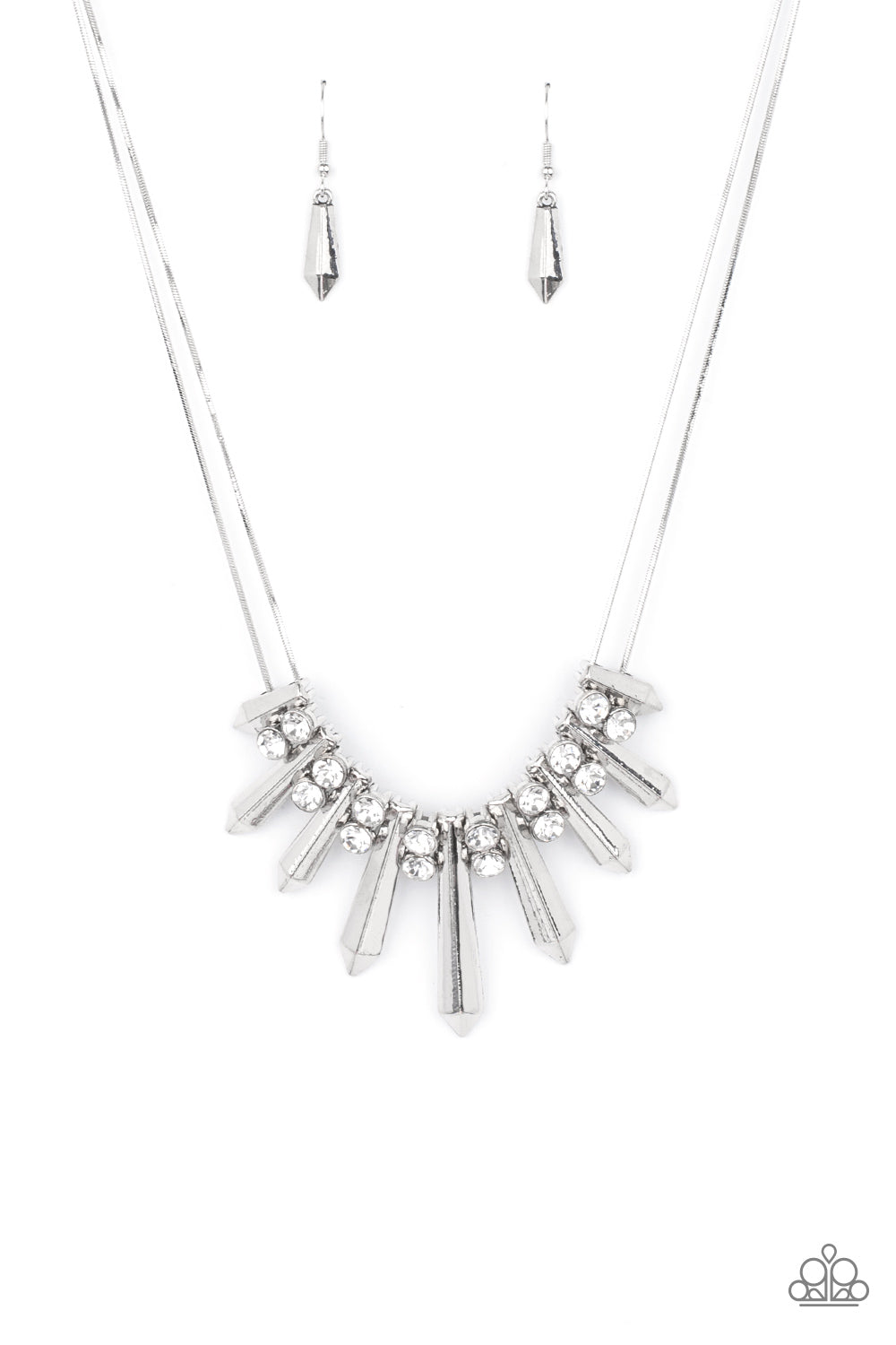 Dangerous Dazzle White Necklace - Paparazzi Accessories  Pairs of glittery white rhinestones alternate between flared silver rods that are threaded along two rows of flat silver chains, creating a dangerous fringe below the collar. Features an adjustable clasp closure.  All Paparazzi Accessories are lead free and nickel free!   Sold as one individual necklace. Includes one pair of matching earrings.