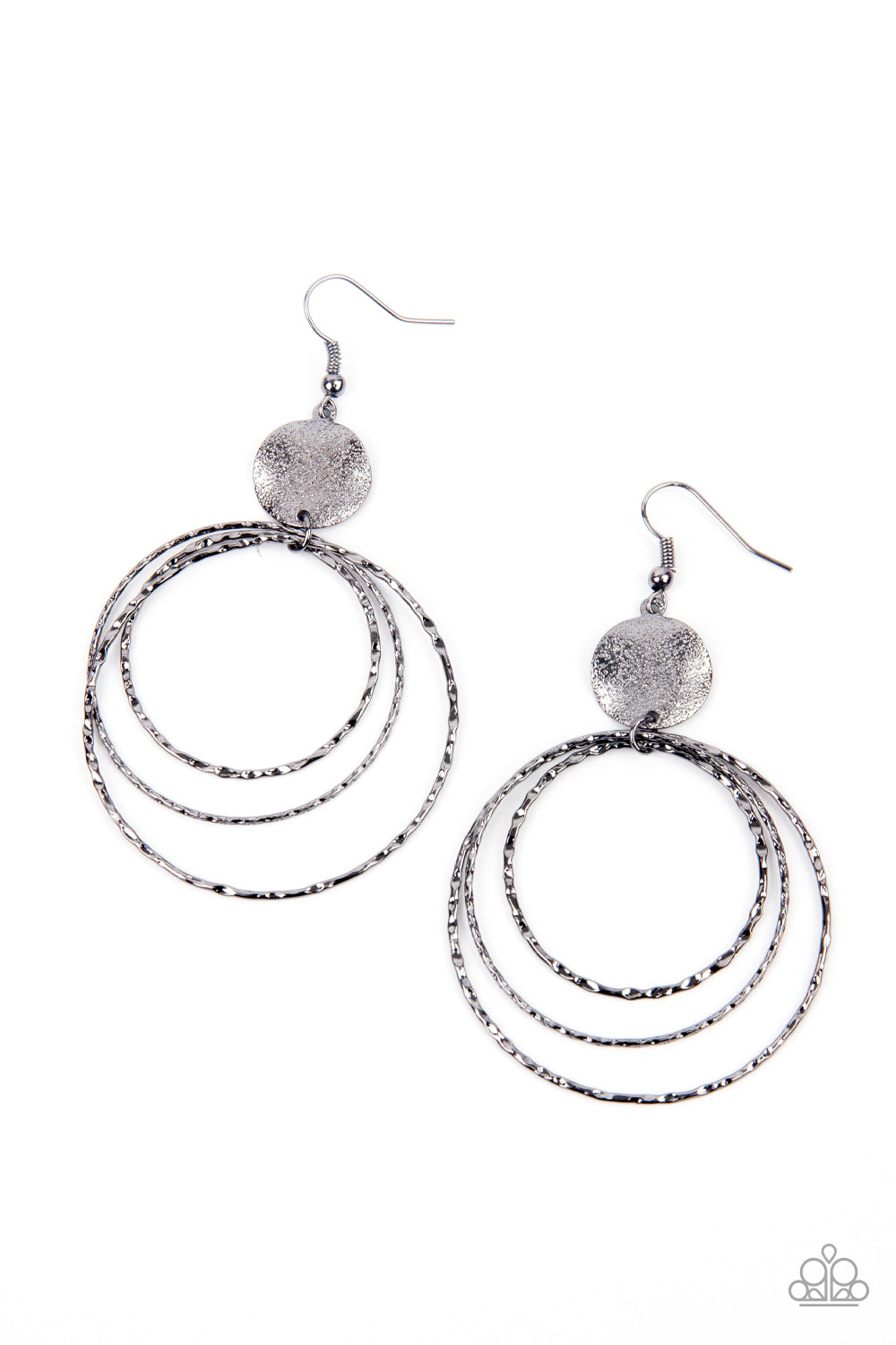 Universal Rehearsal Black Earring - Paparazzi Accessories  A shimmery wavy gunmetal disc links atop a collection of three delicately hammered gunmetal rings in concentric sizes for an out-of-this-world finish. Earring attaches to a standard fishhook fitting.  ﻿All Paparazzi Accessories are lead free and nickel free!  Sold as one pair of earrings.