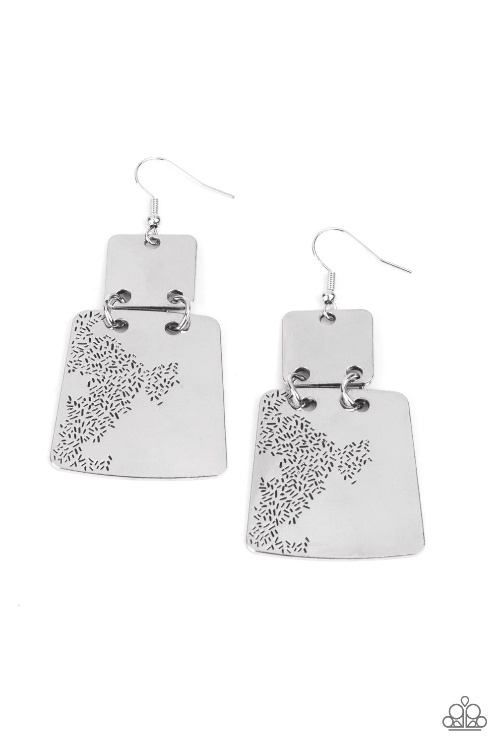 Tagging Along Silver Earring - Paparazzi Accessories  Stamped in an abstract pattern, a flared silver plate links to the bottom of a square silver frame, creating a rustic lure. Earring attaches to a standard fishhook fitting.  ﻿All Paparazzi Accessories are lead free and nickel free!  Sold as one pair of earrings.