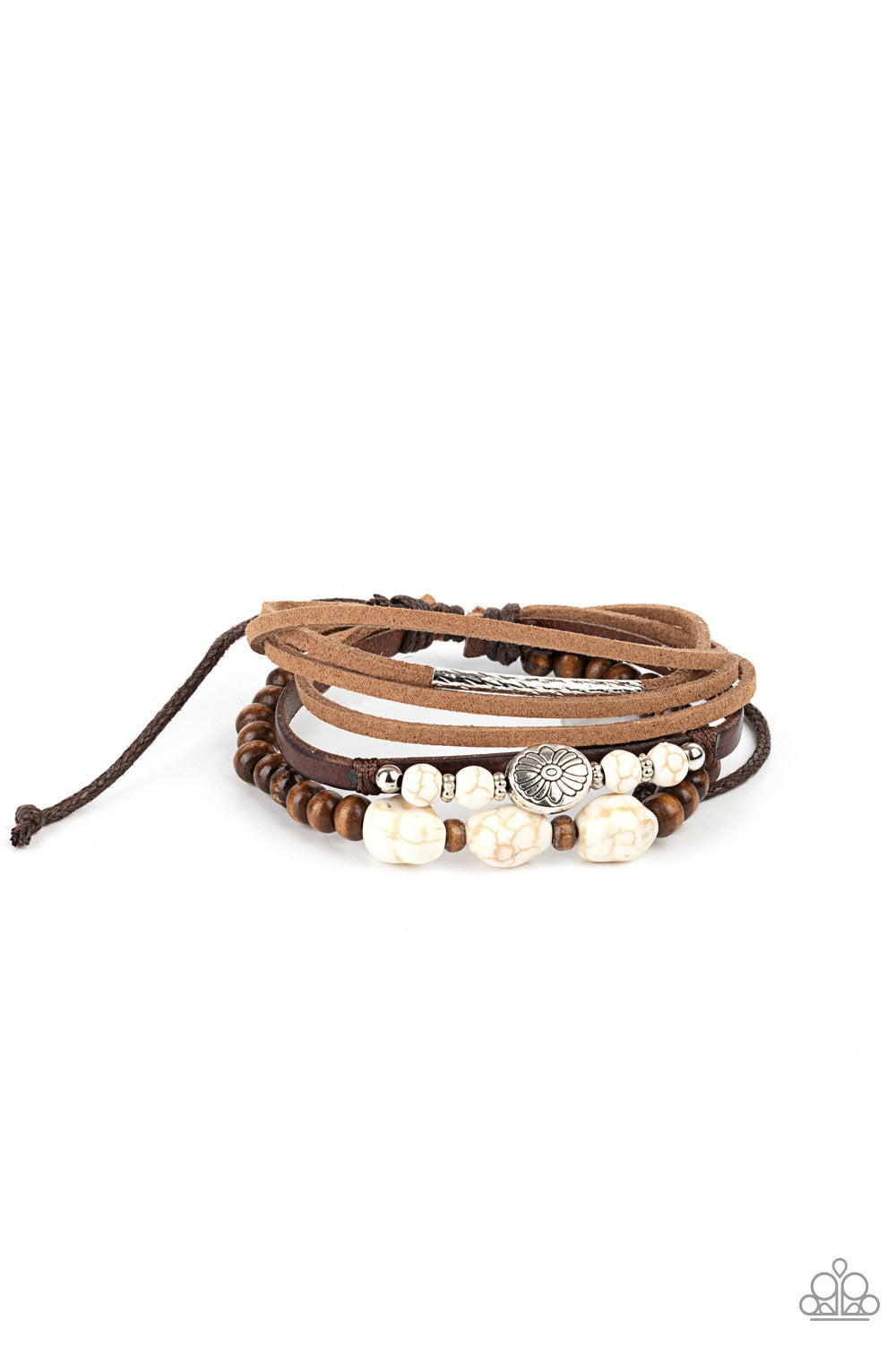 Act Natural White Urban Bracelet - Paparazzi Accessories  Featuring natural white stone and silver accents, a collection of leather strands and wooden beads encircle the wrist in a subtle Southwestern fashion. Features an adjustable sliding knot closure.  Sold as one individual bracelet.