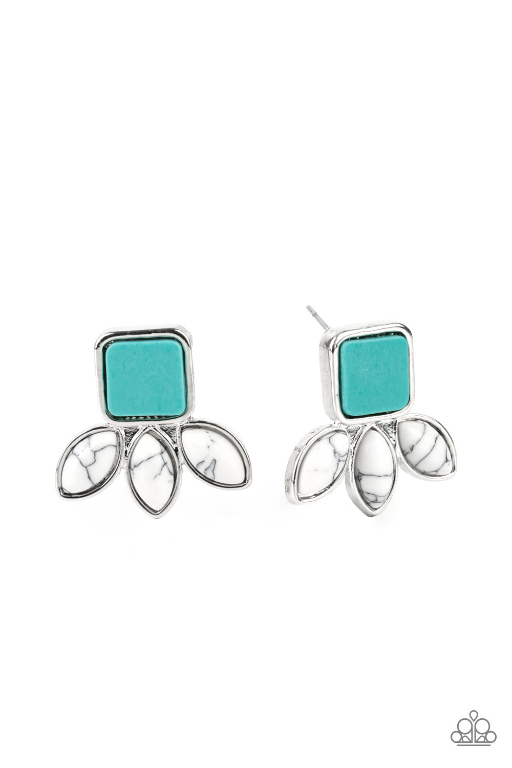 Hill Country Blossoms Blue Earring - Paparazzi Accessories  Encased in sleek silver frames, a trio of marquise white stones fan out from the bottom of a square turquoise stone for an earthy flair. Earring attaches to a standard post fitting.  ﻿All Paparazzi Accessories are lead free and nickel free!  Sold as one pair of post earrings.