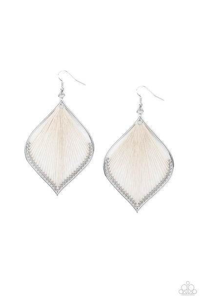 String Theory White Earring - Paparazzi Accessories  White string is threaded through small hoops inside a silver mandala-shaped frame for a vibrant artistic adornment. Earring attaches to a standard fishhook fitting.  All Paparazzi Accessories are lead free and nickel free!  Sold as one pair of earrings.