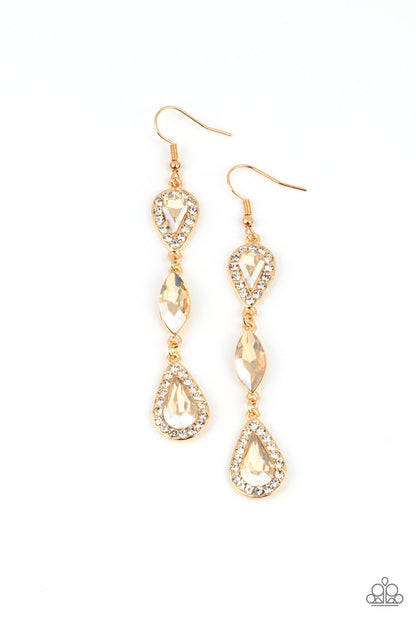Test of TIMELESS Gold Earring - Paparazzi Accessories  A trio of teardrop and marquis cut golden gems fall in succession from the ear. The teardrops are set in gold frames studded with white rhinestones for a sparkly finish. Earring attaches to a standard fishhook fitting.  All Paparazzi Accessories are lead free and nickel free!  Sold as one pair of earrings.