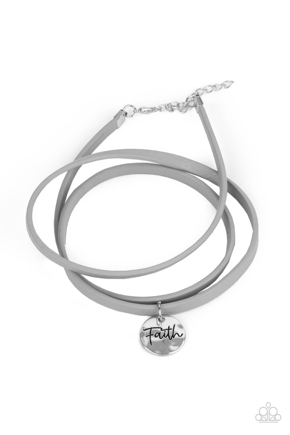 Wonderfully Worded Silver Wrap Bracelet - Paparazzi Accessories  A bright hammered silver disc, embossed with the word "Faith" is threaded on a lengthened silver leather cord to wrap casually around the wrist and offer a message of hope. Features an adjustable clasp closure.  Sold as one individual bracelet.