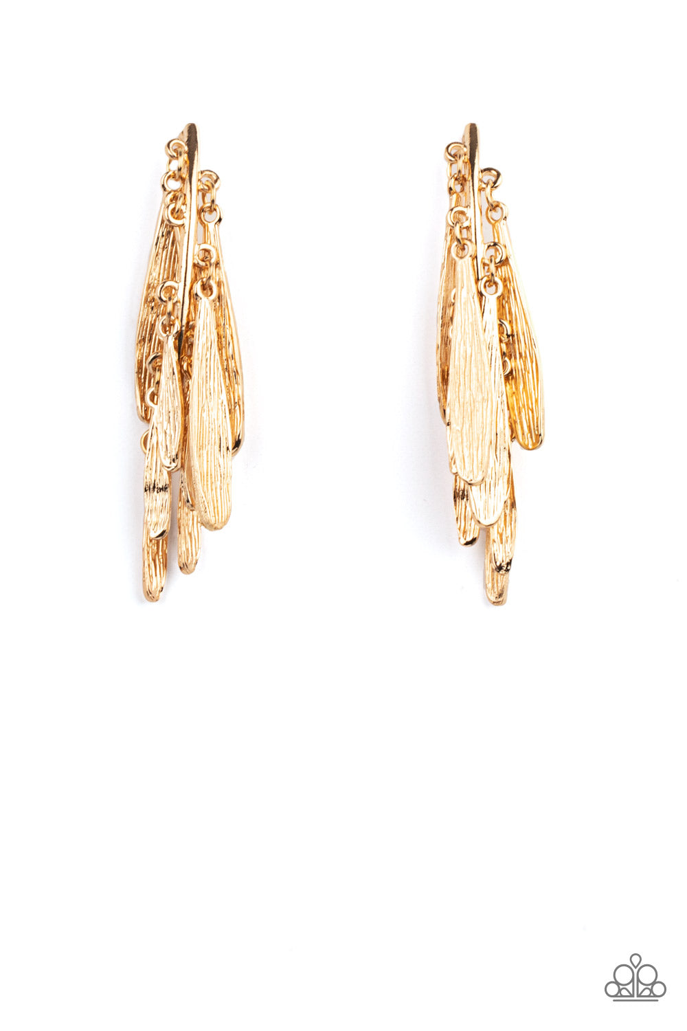 Pursuing The Plumes Gold Post Earring - Paparazzi Accessories.  Textured petal-like plumes cluster around a curved gold bar and dance in an unexpected funky fringe below the ear. Earring attaches to a standard post fitting.  ﻿﻿﻿All Paparazzi Accessories are lead free and nickel free!  Sold as one pair of post earrings.