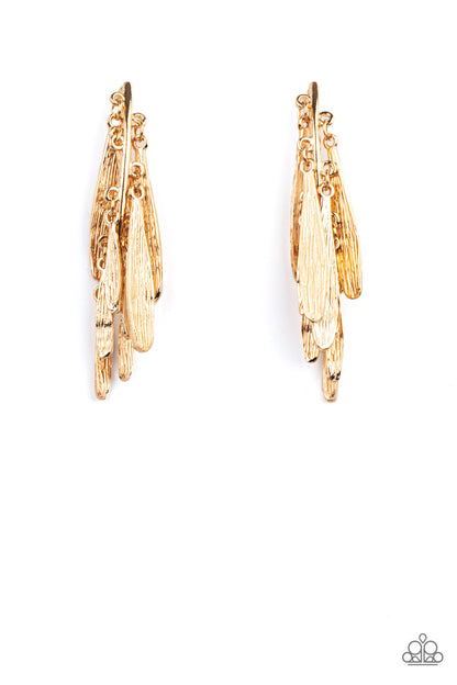 Pursuing The Plumes Gold Post Earring - Paparazzi Accessories.  Textured petal-like plumes cluster around a curved gold bar and dance in an unexpected funky fringe below the ear. Earring attaches to a standard post fitting.  ﻿﻿﻿All Paparazzi Accessories are lead free and nickel free!  Sold as one pair of post earrings.