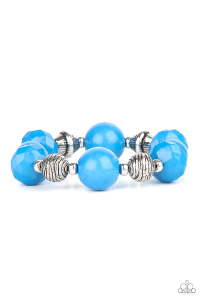 Day Trip Discovery Blue Bracelet - Paparazzi Accessories  A collection of polished French Blue beads in smooth round and faceted shapes, are threaded along a stretchy band. Accents of silver beads etched in linear designs adds a down to earth finish to the whimsical bracelet.  All Paparazzi Accessories are lead free and nickel free!  Sold as one individual bracelet.