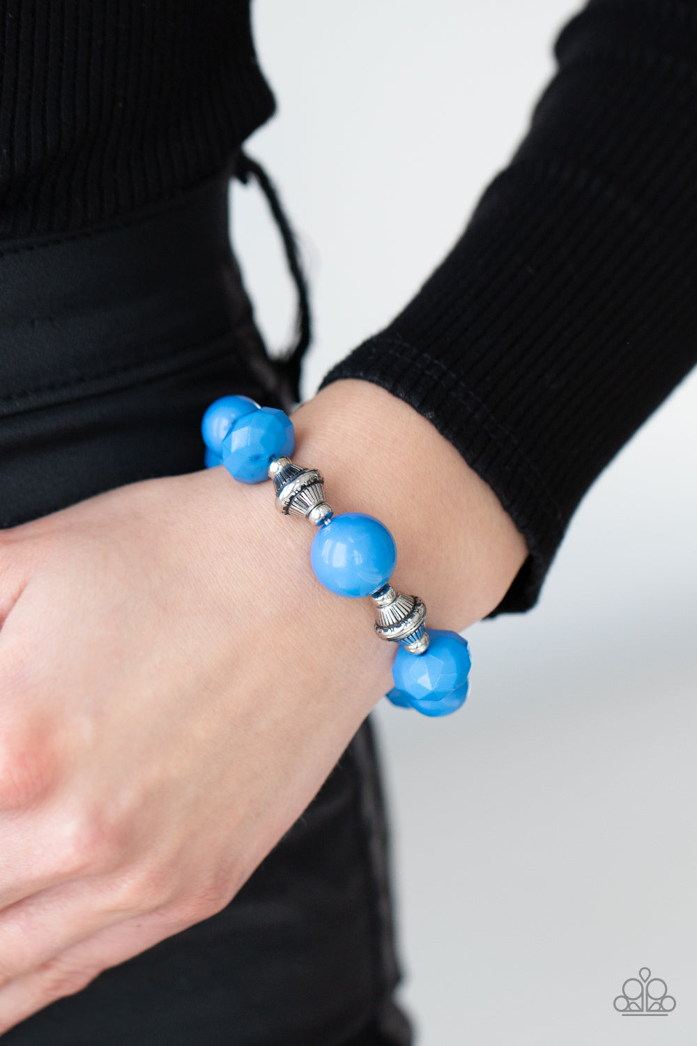 Day Trip Discovery Blue Bracelet - Paparazzi Accessories  A collection of polished French Blue beads in smooth round and faceted shapes, are threaded along a stretchy band. Accents of silver beads etched in linear designs adds a down to earth finish to the whimsical bracelet.  All Paparazzi Accessories are lead free and nickel free!  Sold as one individual bracelet.