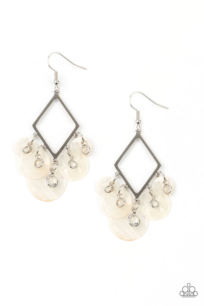 Pomp And Circumstance White Earring - Paparazzi Accessories. Gradually increasing in size, a glimmering collection of glassy white rhinestones and iridescent white shell-like discs cascade from the bottom of a diamond shaped silver frame, creating a flirtatious fringe. Earring attaches to a standard fishhook fitting.  All Paparazzi Accessories are lead free and nickel free!  Sold as one pair of earrings.