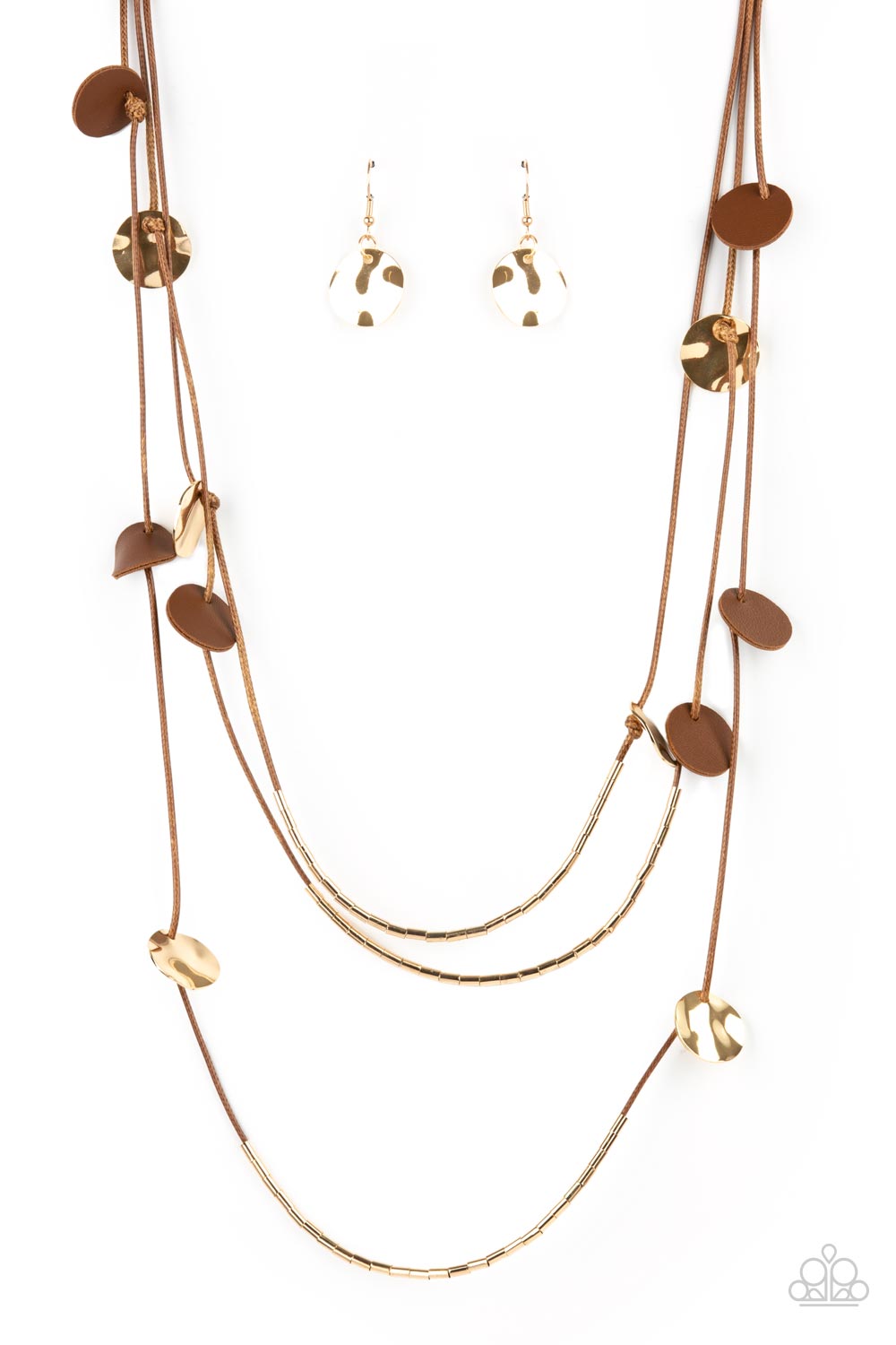 Alluring Luxe - Brown Item #P2SE-BNXX-193XX Shining wavy gold discs and brown leather discs adorn a trio of lengthened subtly shimmering brown cords. Rows of dainty gold cylinders are threaded along the bottom of each cord adding luxurious allure to the piece. Features an adjustable clasp closure.  Sold as one individual necklace. Includes one pair of matching earrings.