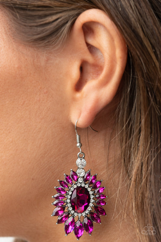 Big Time Twinkle Pink Earring - Paparazzi Accessories. Glittery dark pink marquise cut rhinestones fan out from a pink oval gem center, bordered in dainty white rhinestones, creating a sparkly floral frame. Earring attaches to a standard fishhook fitting.  All Paparazzi Accessories are lead free and nickel free!  Sold as one pair of earrings.