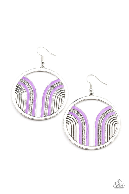 Delightfully Deco Purple Earring - Paparazzi Accessories.  Infused with a glittery row of white rhinestones, shiny purple arcs curve into juxtaposed frames inside a classic silver hoop, creating a colorful art deco inspired centerpiece. Earring attaches to a standard fishhook fitting.  ﻿﻿﻿All Paparazzi Accessories are lead free and nickel free!  Sold as one pair of earrings.