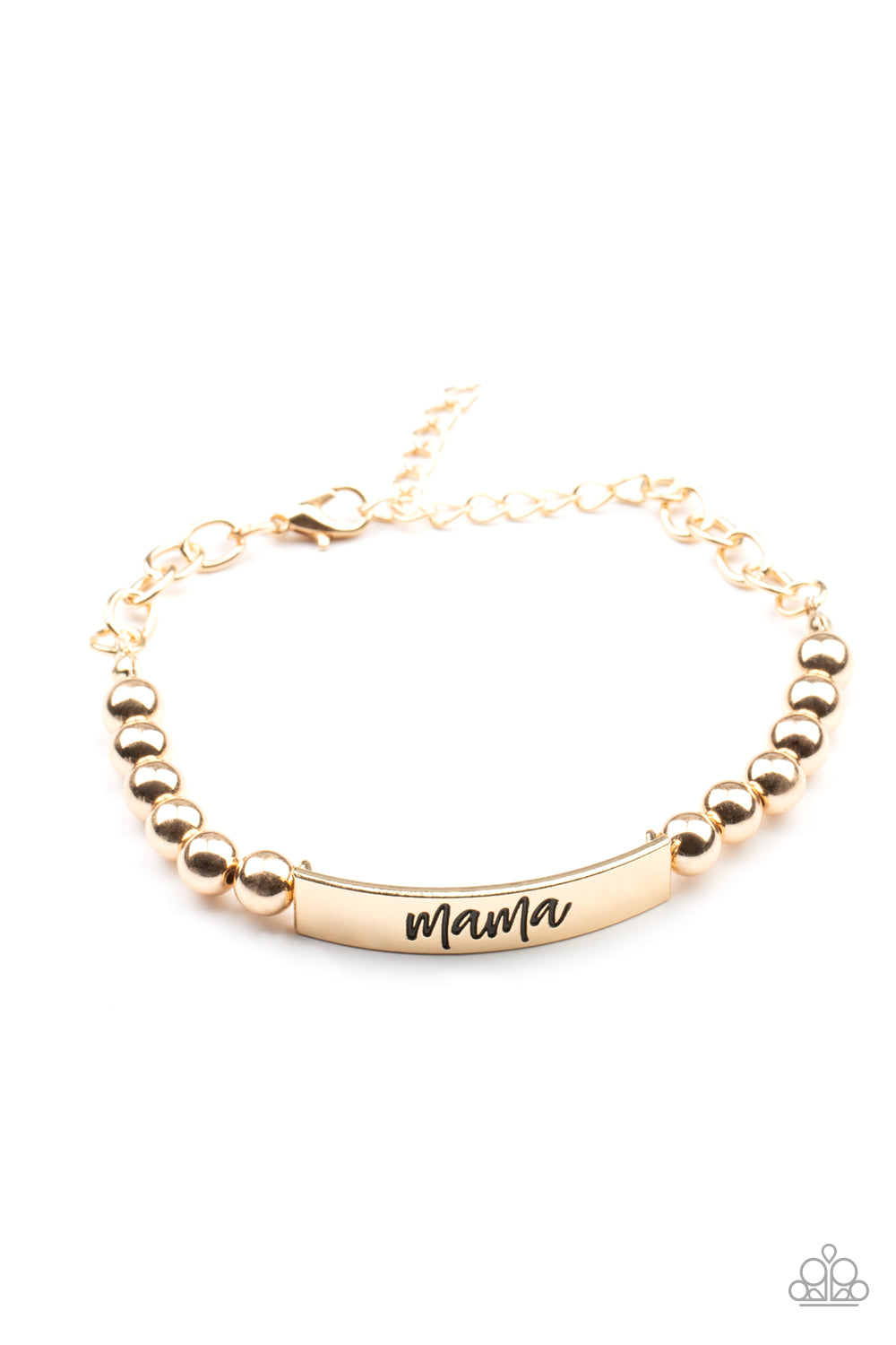 Mom Squad Gold Bracelet - Paparazzi Accessories  Stamped in the word, "Mama," a curved gold plate attaches to strands of gold beads threaded along invisible wire around the wrist, creating a sentimental centerpiece. Features an adjustable clasp closure.  Sold as one individual bracelet.